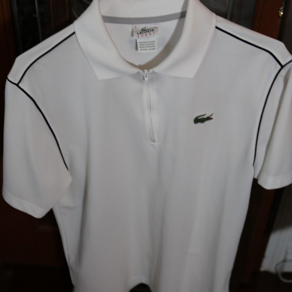Lacoste Men's Polo Shirt Blue With Dark Blue Pipping Partial Zipper Size Medium